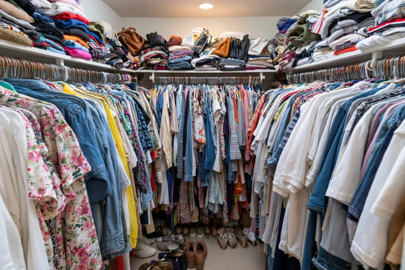 Overstuffed walk-in closet with double hanging rods filled with clothes and shelves stacked with folded garments and shoes on the floor