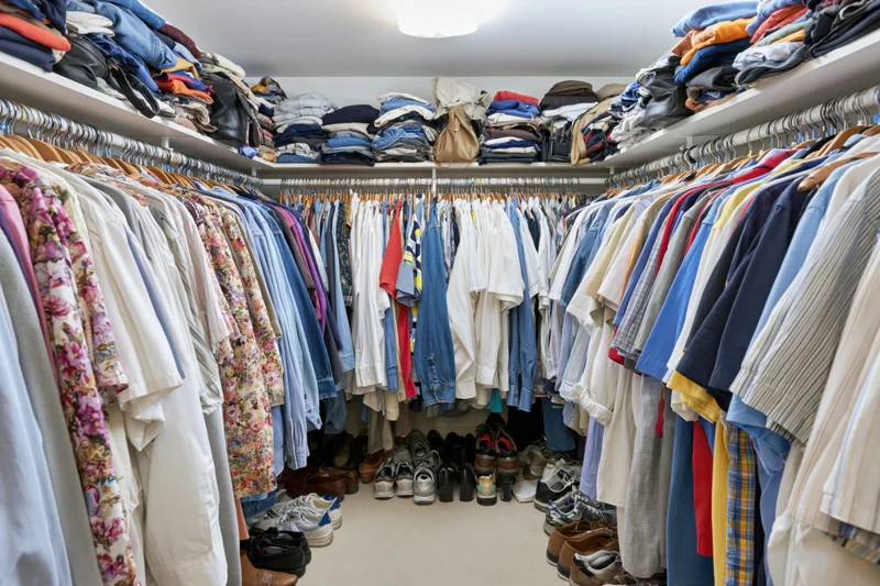 Walk-in closet with double hanging rods filled with clothes and shoes on shelves and floor