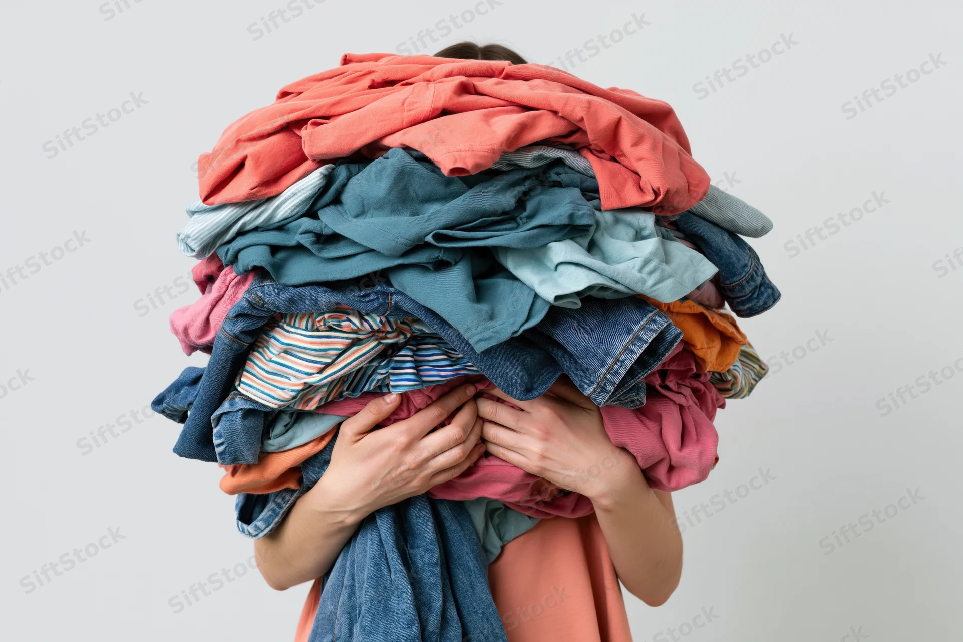 Woman holding large pile of clothes covering her face in a studio setting