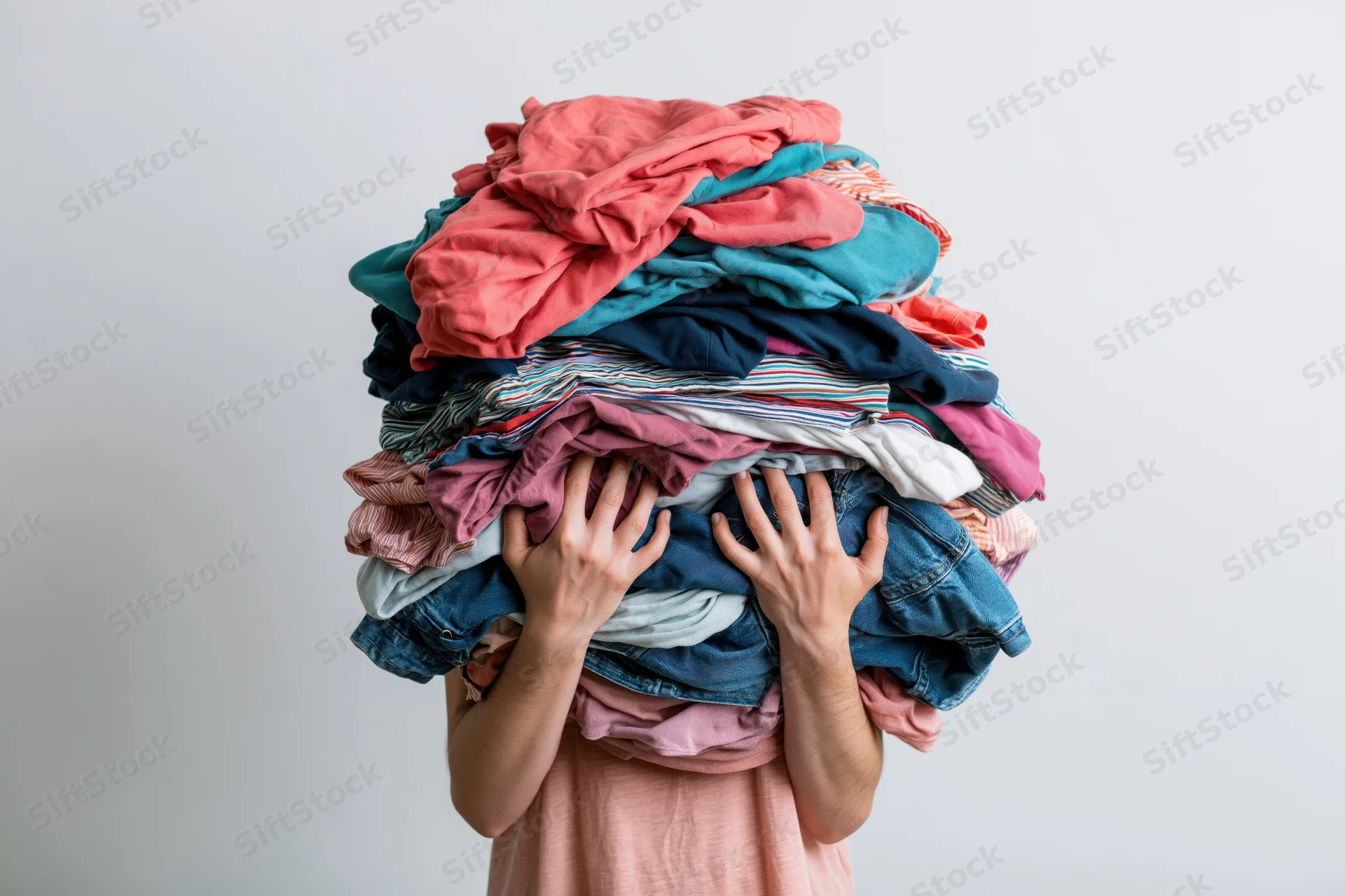 Woman holding large pile of clothes over her head against white background