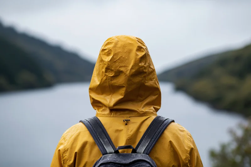 Person in yellow hooded rain jacket with backpack facing lake surrounded by mountains under overcast sky