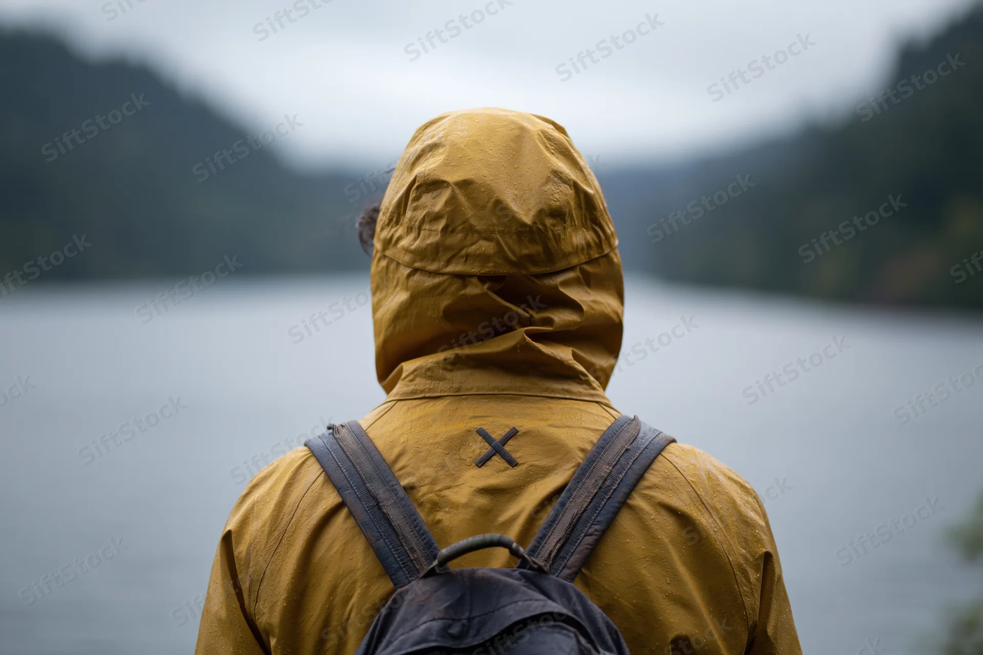 Person in yellow hooded rain jacket with backpack facing lake and mountains