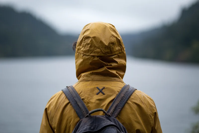 Person in yellow hooded rain jacket with backpack facing lake and mountains