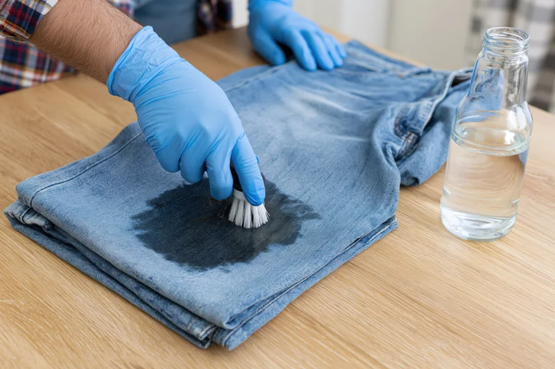 Person in blue gloves scrubbing a stain on folded denim jeans on a wooden table with a brush and water bottle nearby