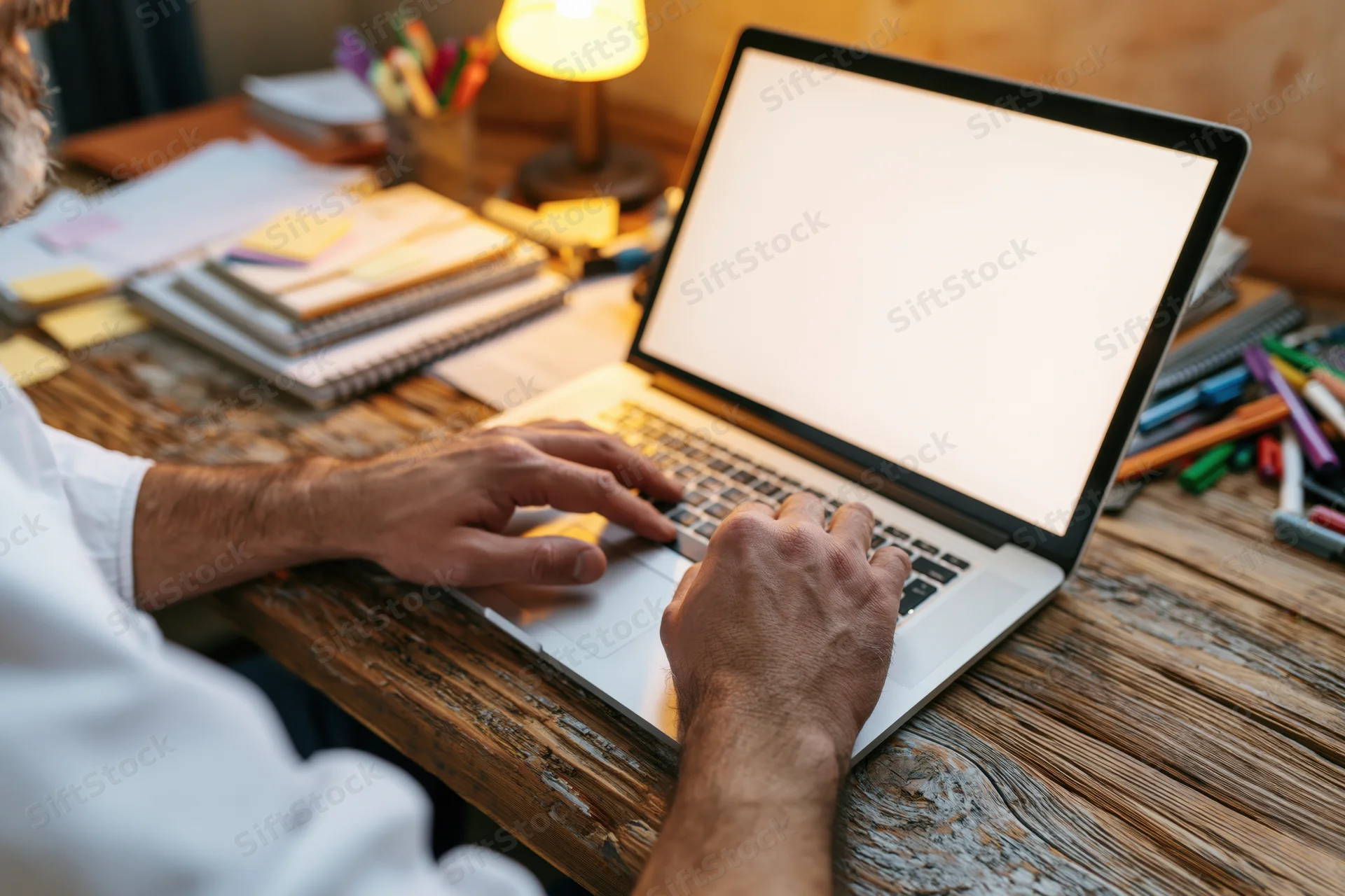Man typing on laptop with blank white screen at wooden desk
