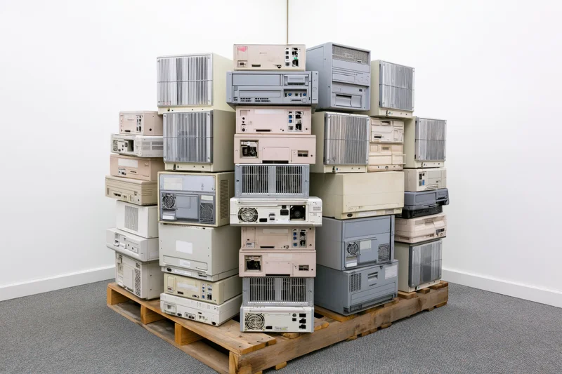 Stack of discarded computer towers on wooden pallet in gallery space