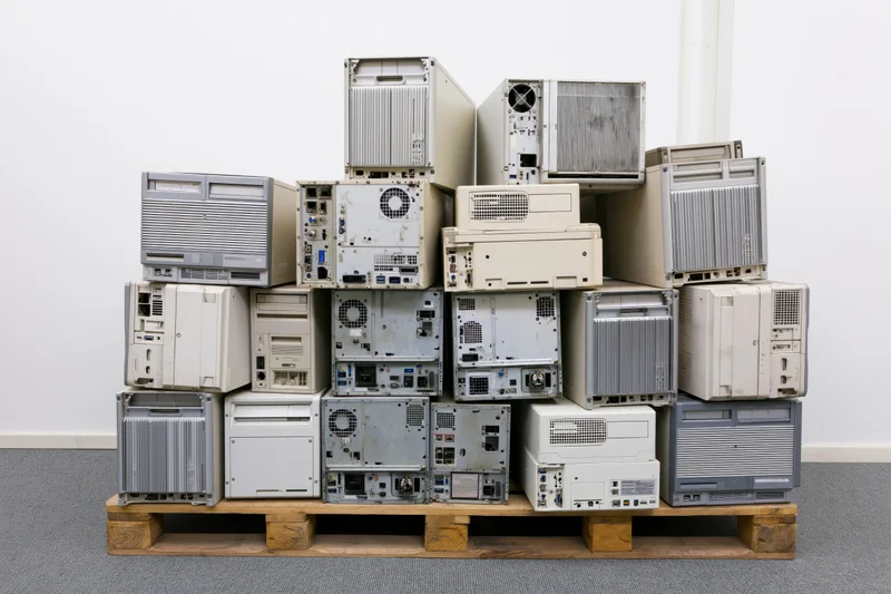 Stack of discarded desktop computer towers on wooden pallet in warehouse
