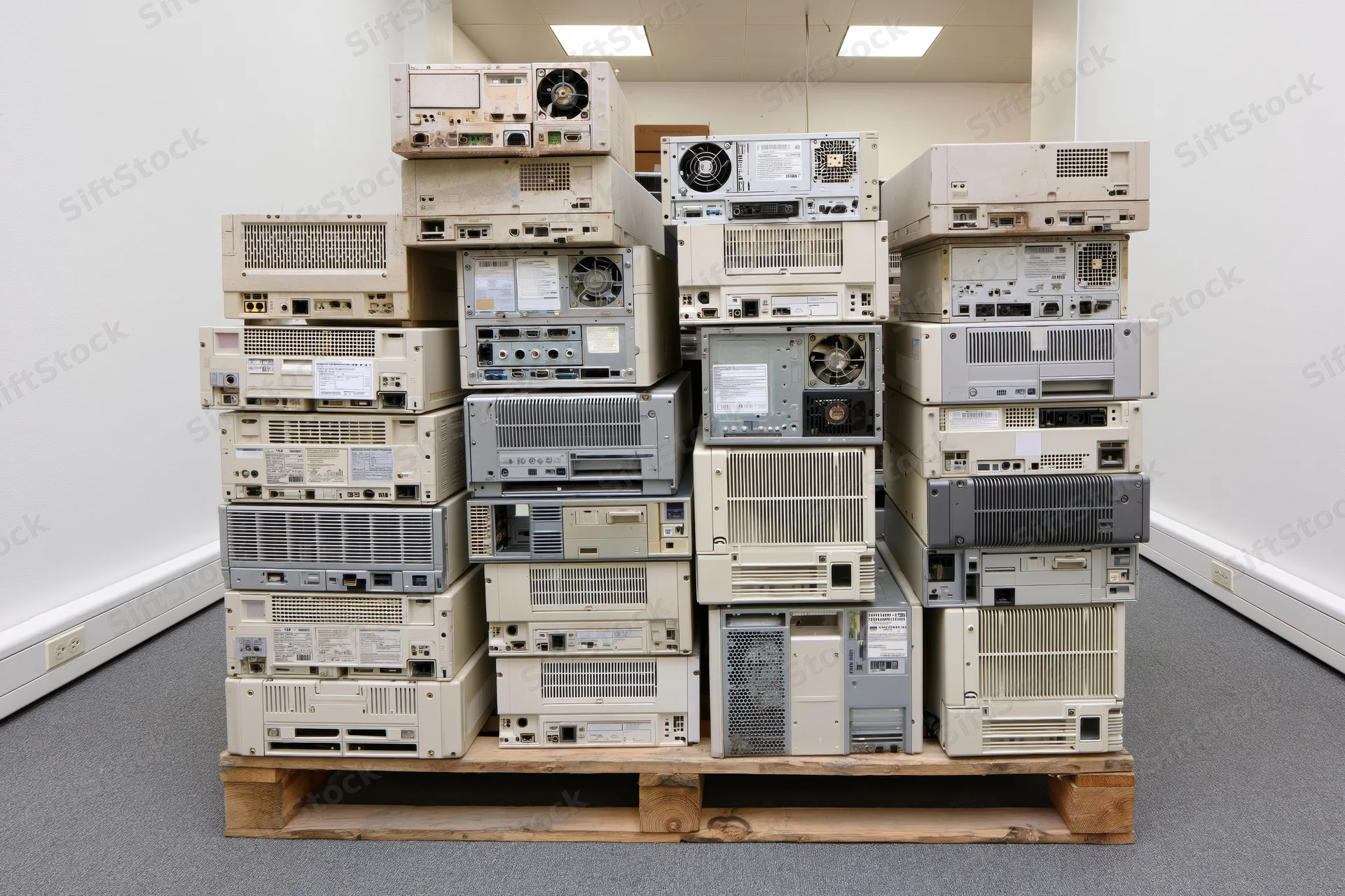 Stack of discarded desktop computer towers on wooden pallet in indoor space