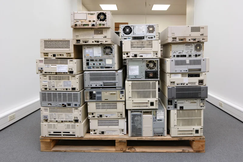 Stack of discarded desktop computer towers on wooden pallet in indoor space