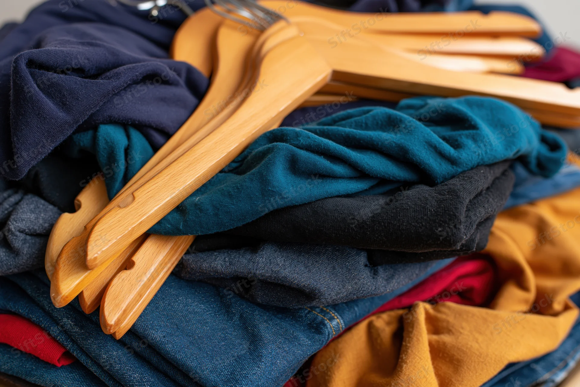 Pile of secondhand clothes and wooden hangers stacked together in a heap