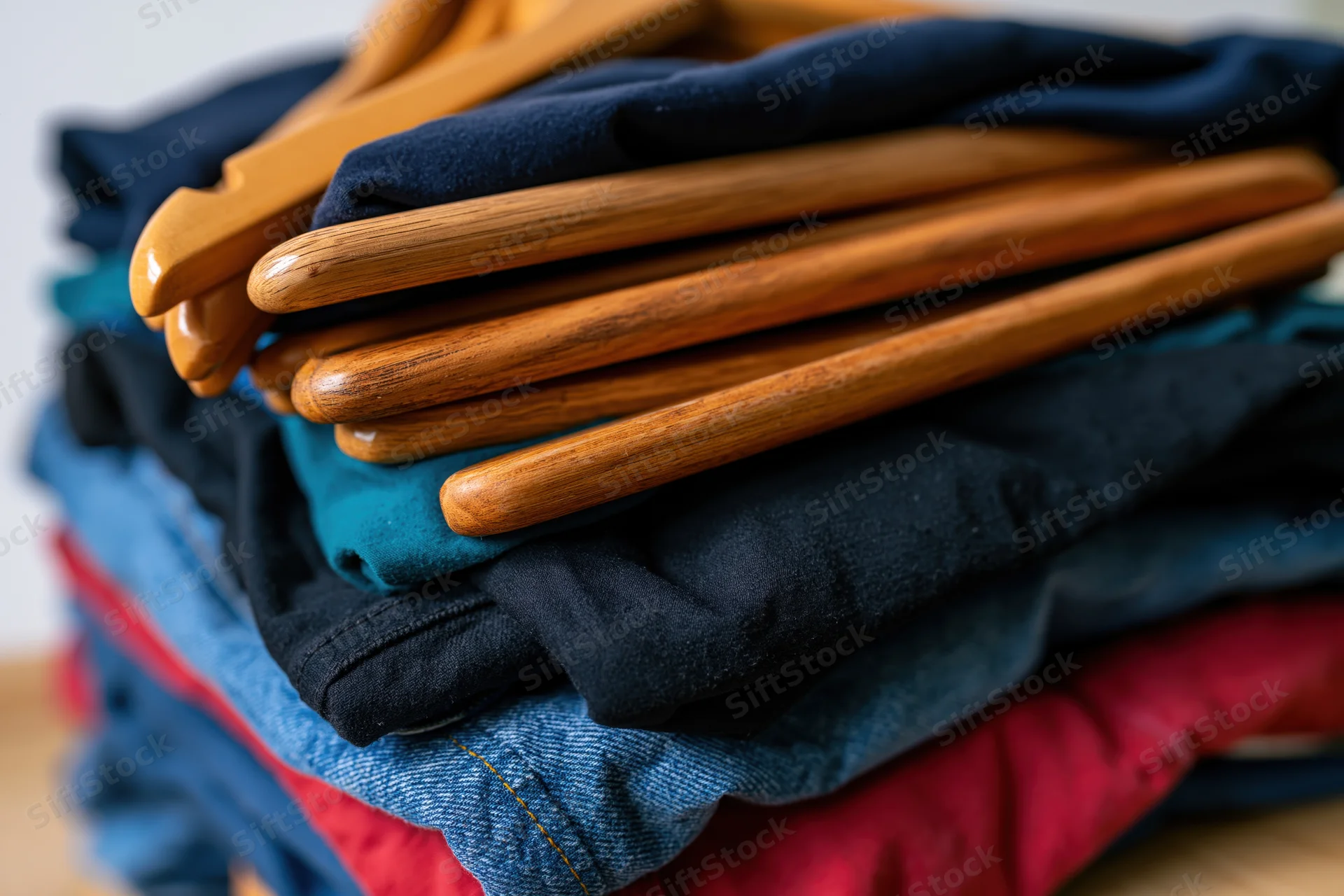 Stack of folded secondhand clothes with wooden hangers on top