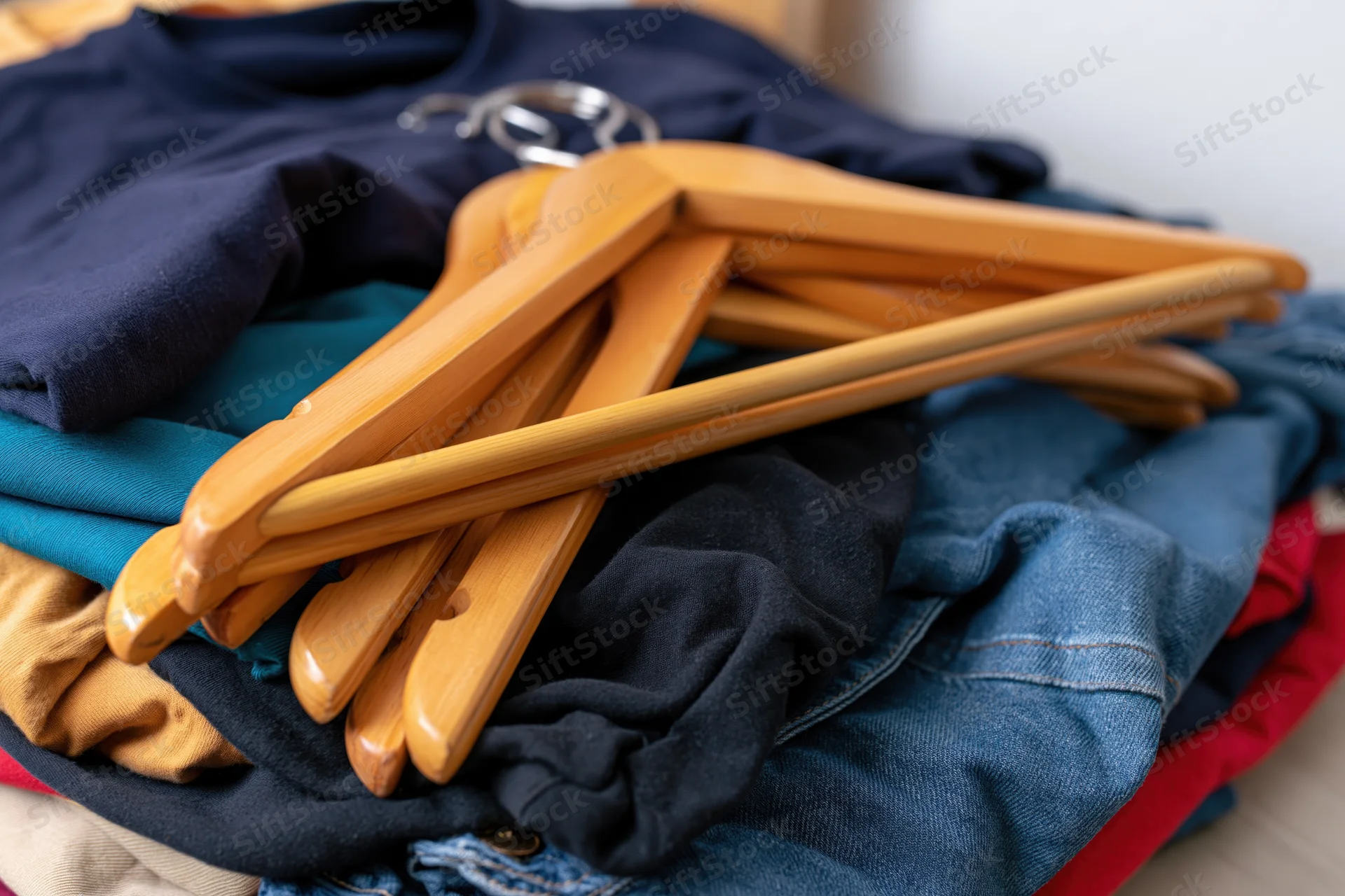 Pile of secondhand clothes with wooden hangers stacked on top
