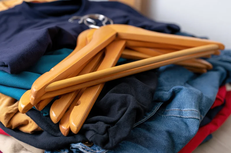 Pile of secondhand clothes with wooden hangers stacked on top