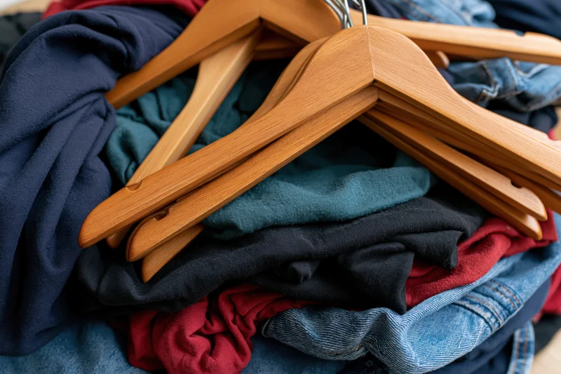 Wooden hangers stacked on a pile of secondhand clothes