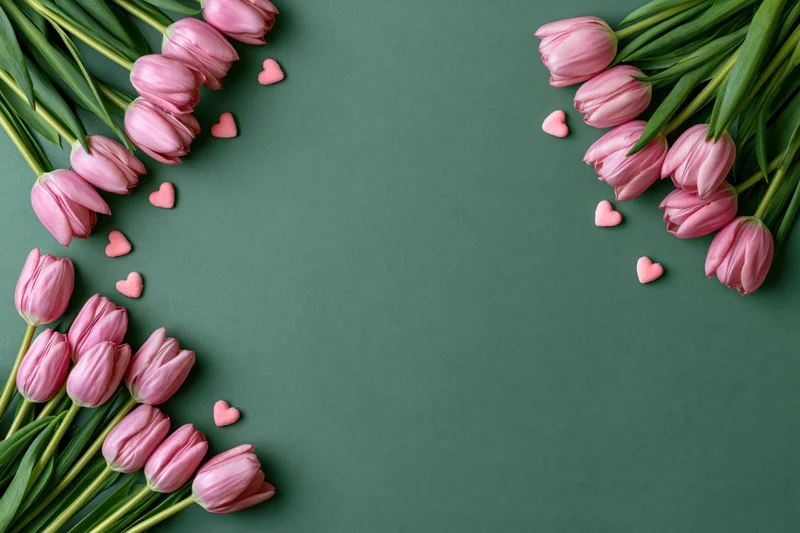 Pink tulips with green stems arranged in two diagonal clusters on green surface with heart candies and copyspace