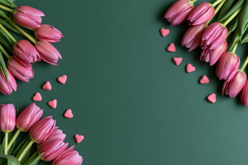 Pink tulips arranged in diagonal clusters with heart-shaped candies on green background
