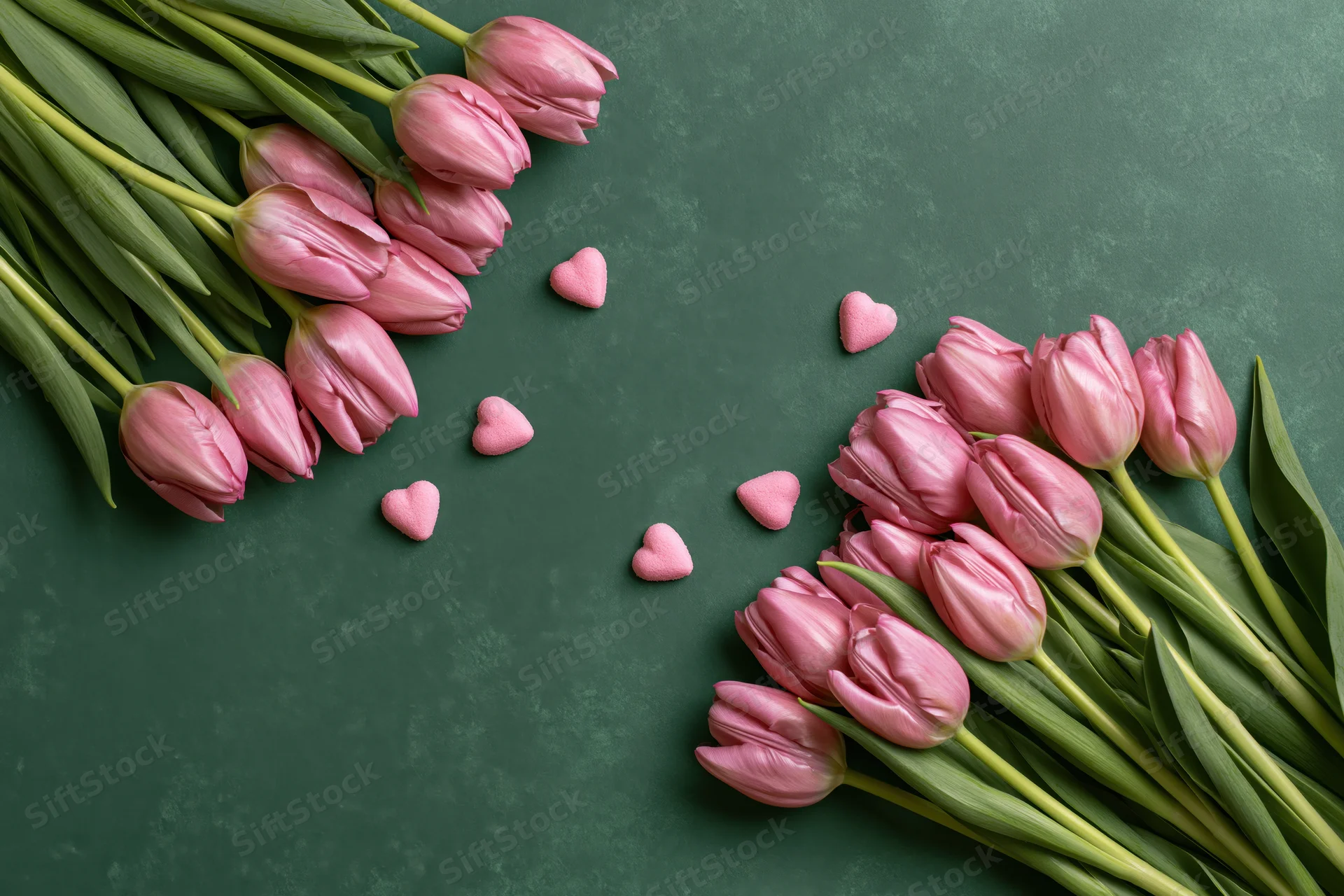Pink tulips arranged in two diagonal clusters on dark green surface with heart-shaped candies scattered between them