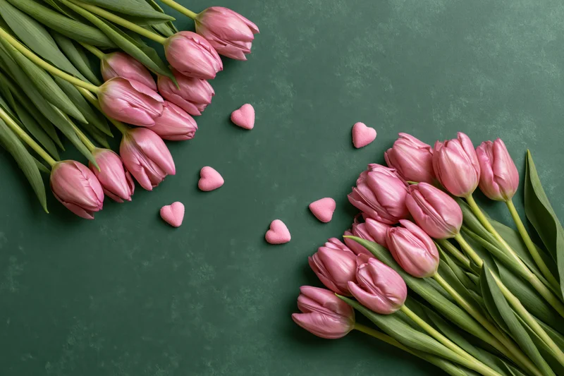 Pink tulips arranged in two diagonal clusters on dark green surface with heart-shaped candies scattered between them