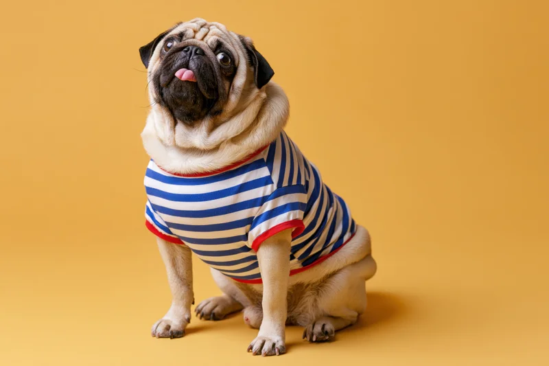 Pug dog sitting upright wearing striped shirt with tongue out against yellow background