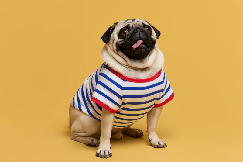 Pug dog sitting upright wearing striped shirt against yellow background