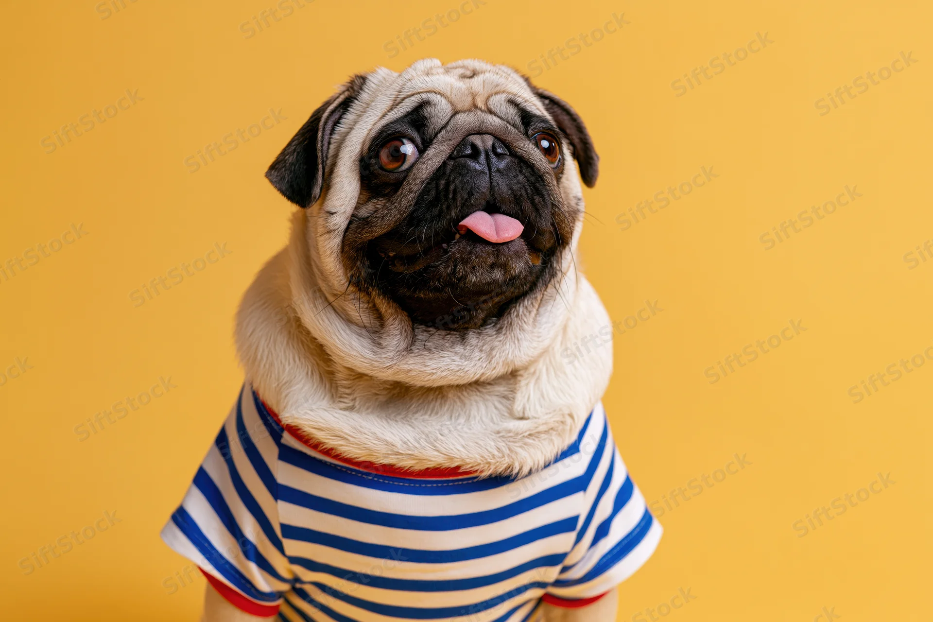 Pug dog sitting upright wearing striped shirt against yellow background
