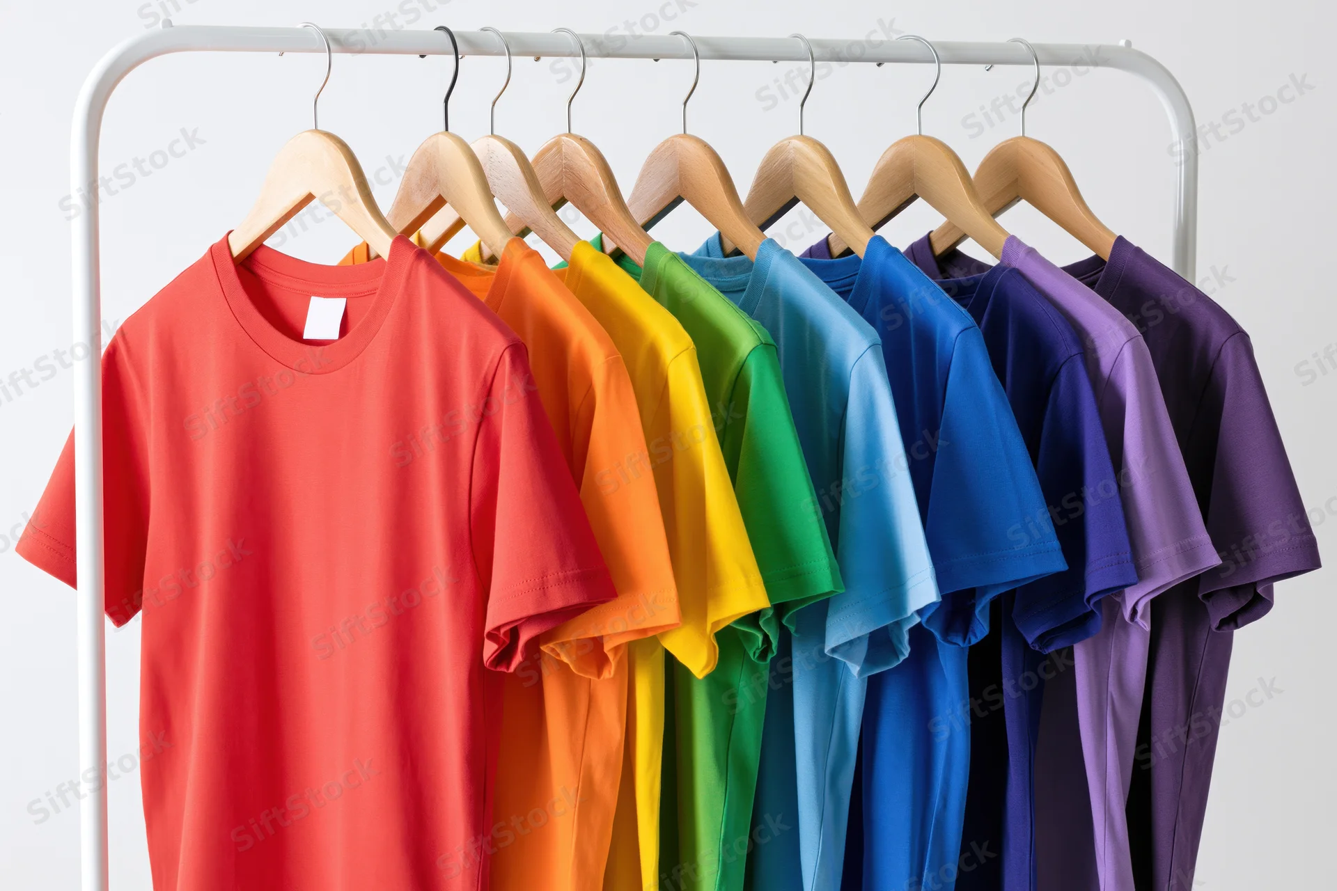 Rainbow-colored t-shirts arranged in spectrum order on a white rack with wooden hangers