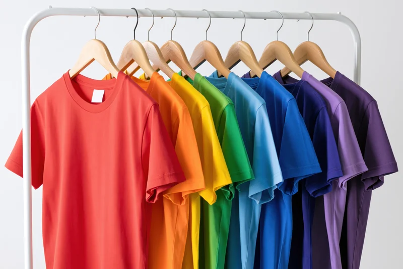 Rainbow-colored t-shirts arranged in spectrum order on a white rack with wooden hangers