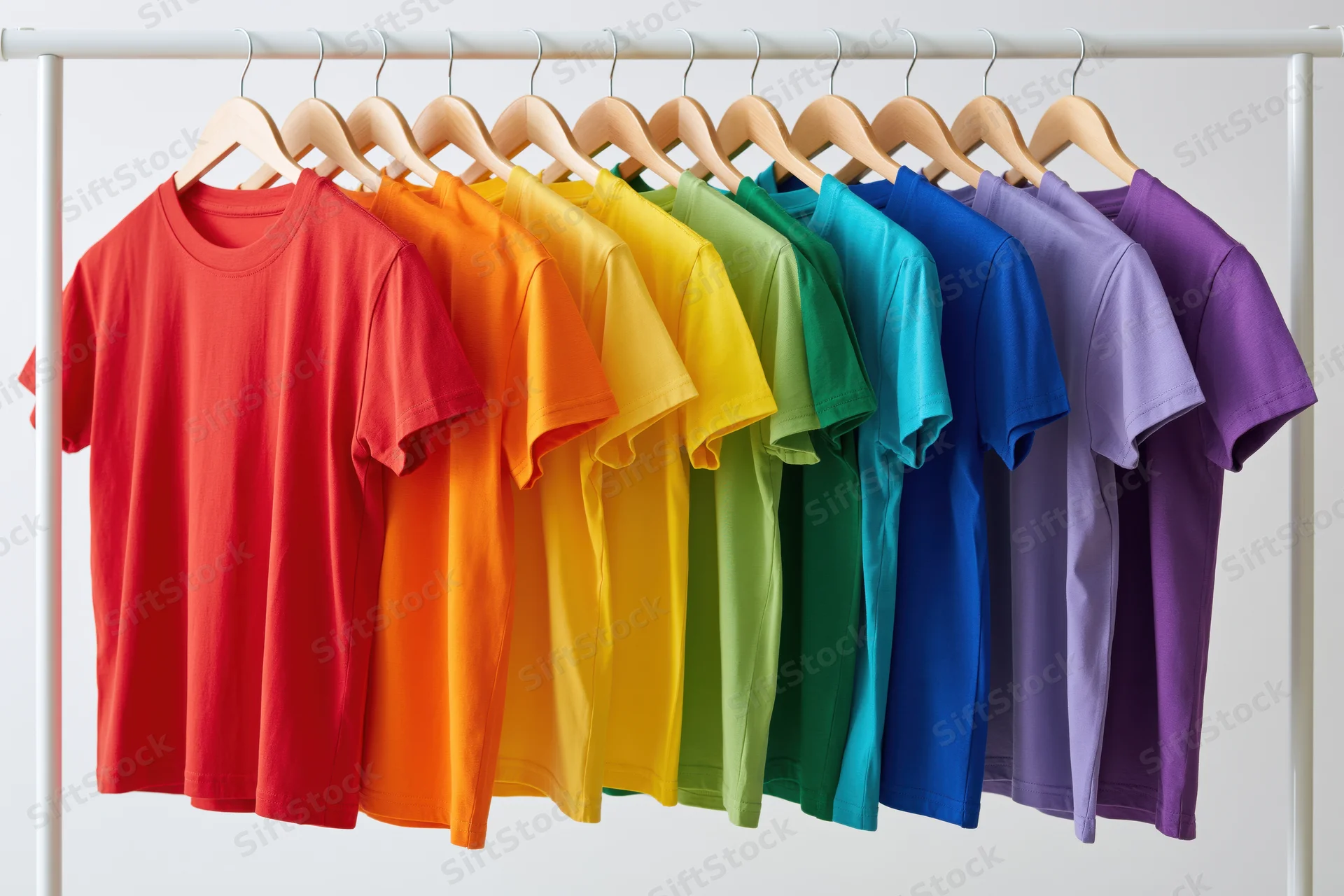 Rainbow-colored t-shirts arranged in spectrum order hanging on a white rack