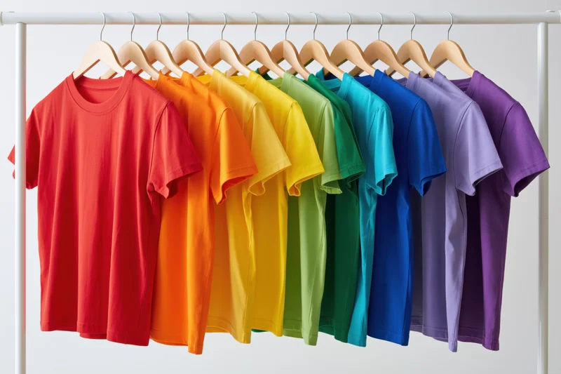 Rainbow-colored t-shirts arranged in spectrum order hanging on a white rack