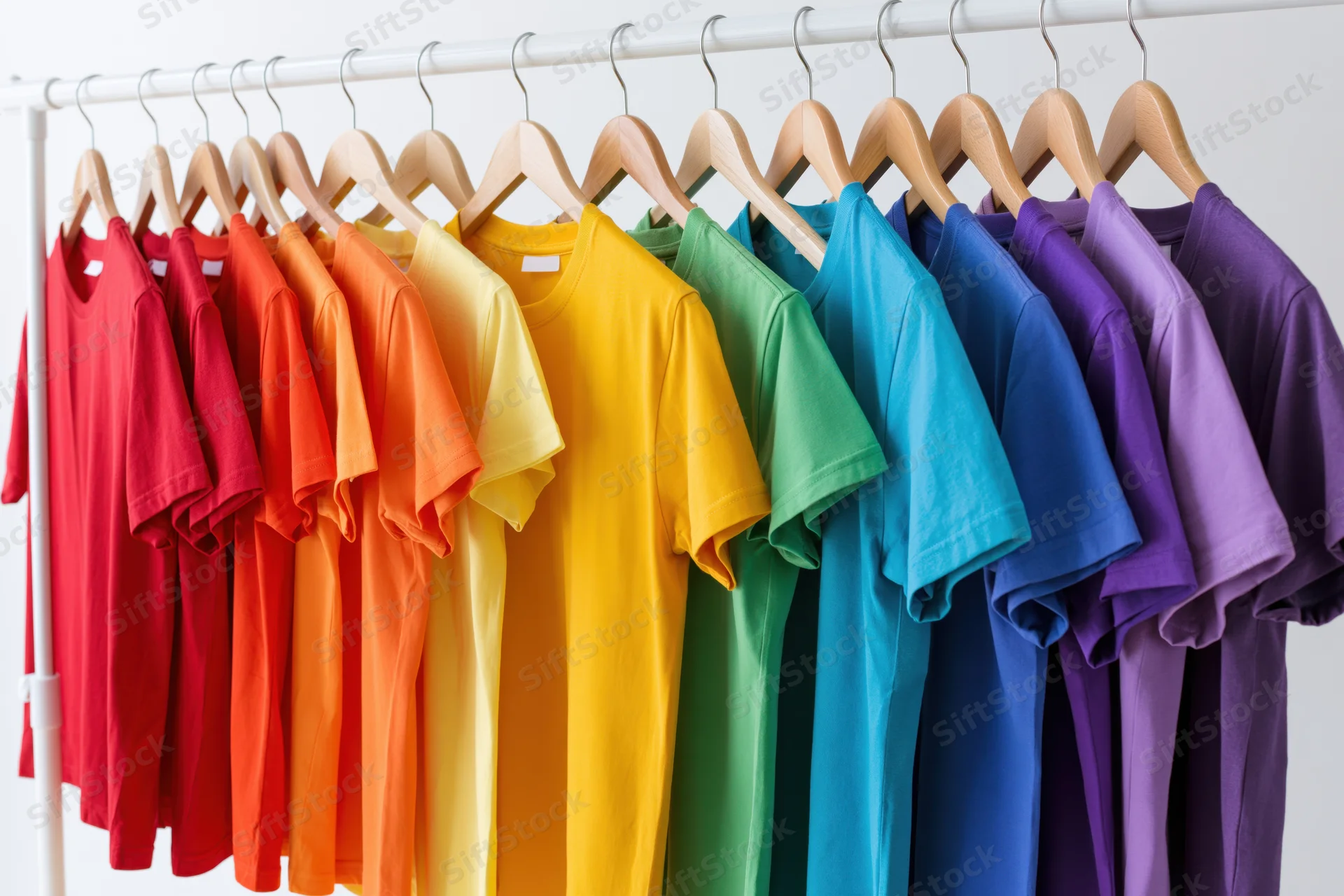 Rainbow-colored t-shirts arranged in spectrum order on a clothing rack in a studio setting