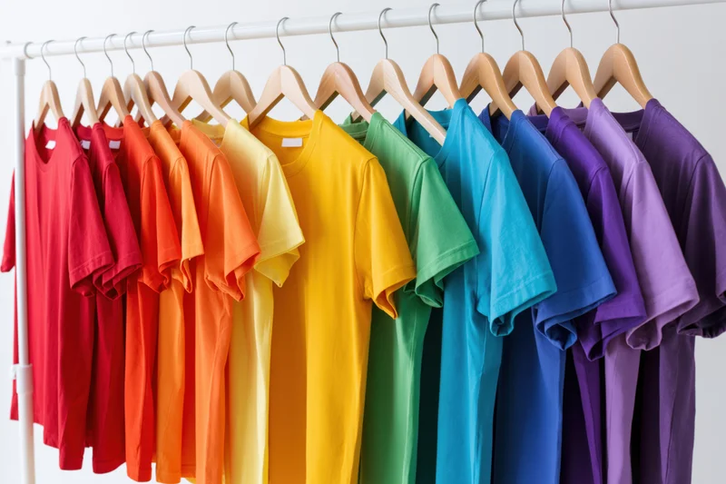 Rainbow-colored t-shirts arranged in spectrum order on a clothing rack in a studio setting
