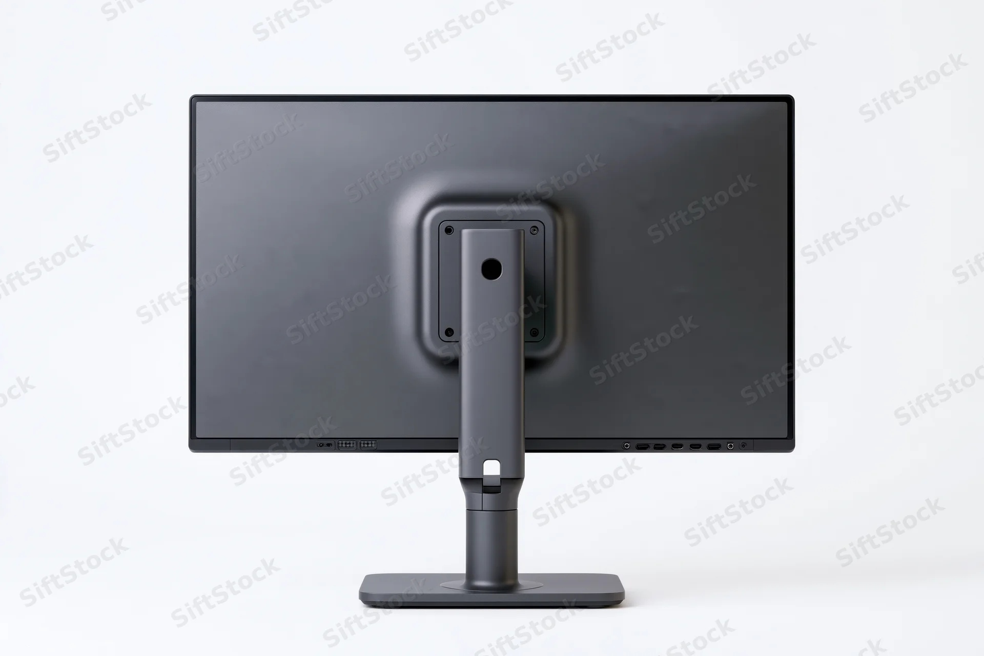 Rear view of a dark charcoal computer monitor on an adjustable stand against a white background