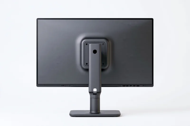 Rear view of a dark charcoal computer monitor on an adjustable stand against a white background
