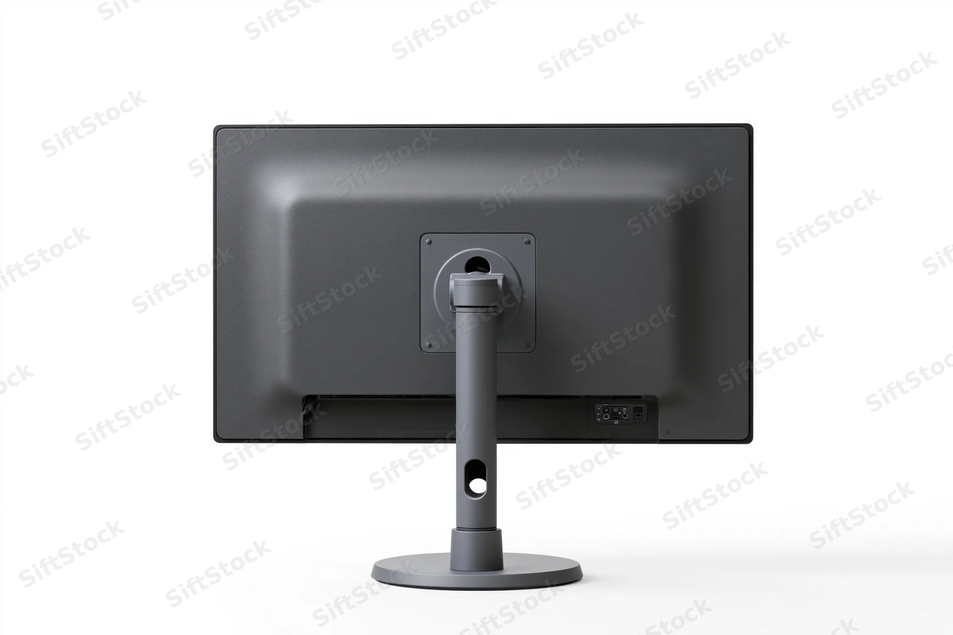 Rear view of a dark charcoal computer monitor on a grey adjustable stand against white background