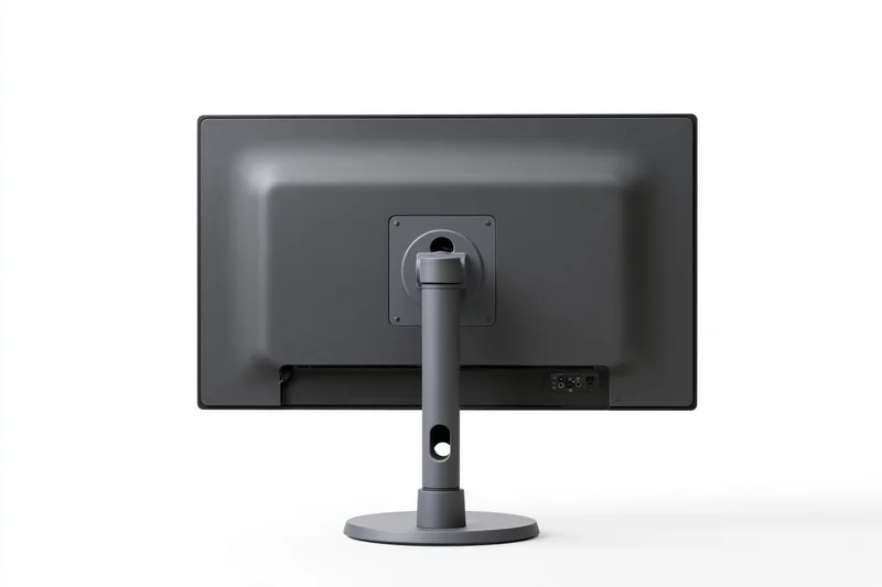 Rear view of a dark charcoal computer monitor on a grey adjustable stand against white background