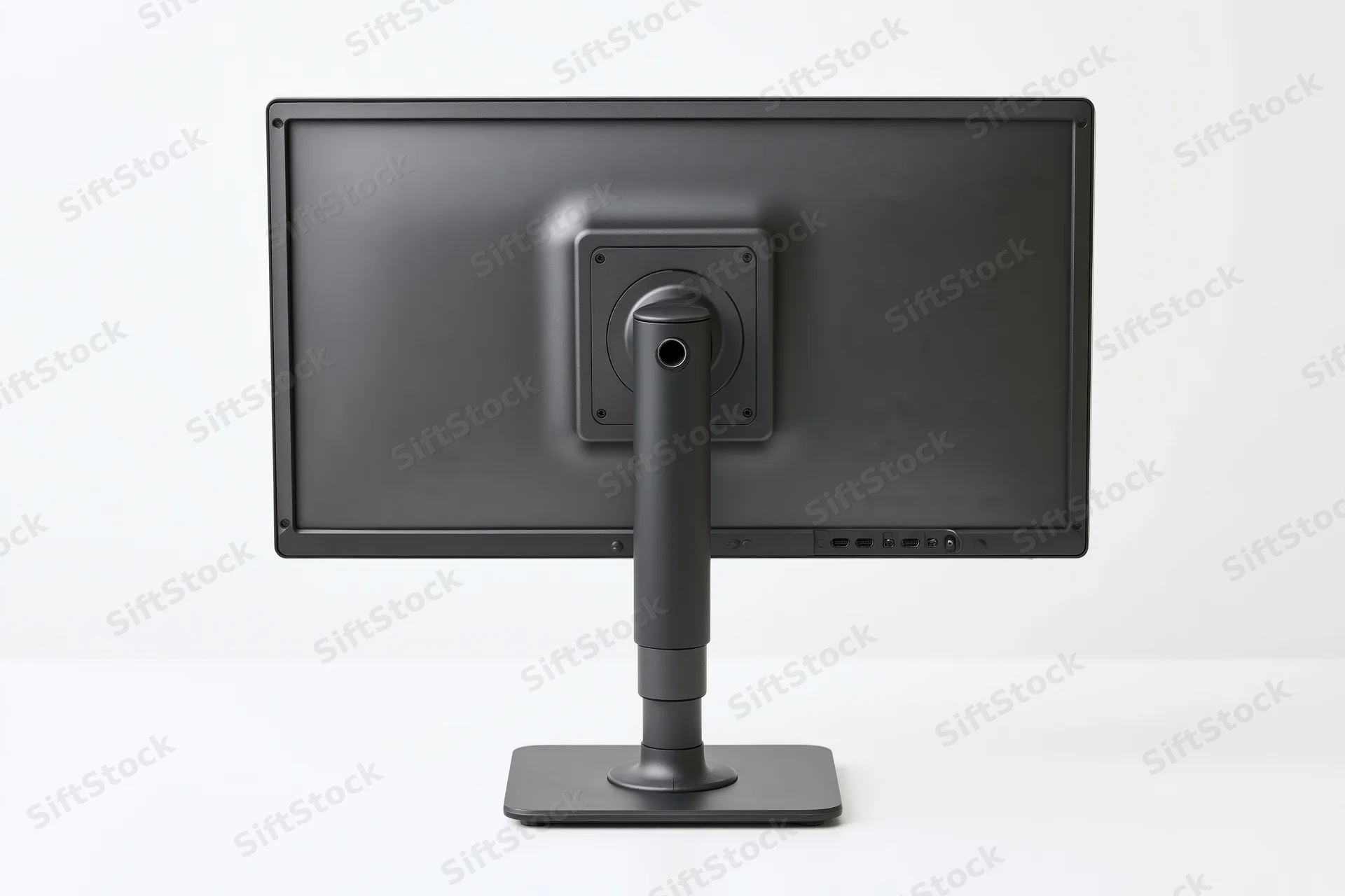 Rear view of a dark charcoal computer monitor on a grey adjustable stand against white background