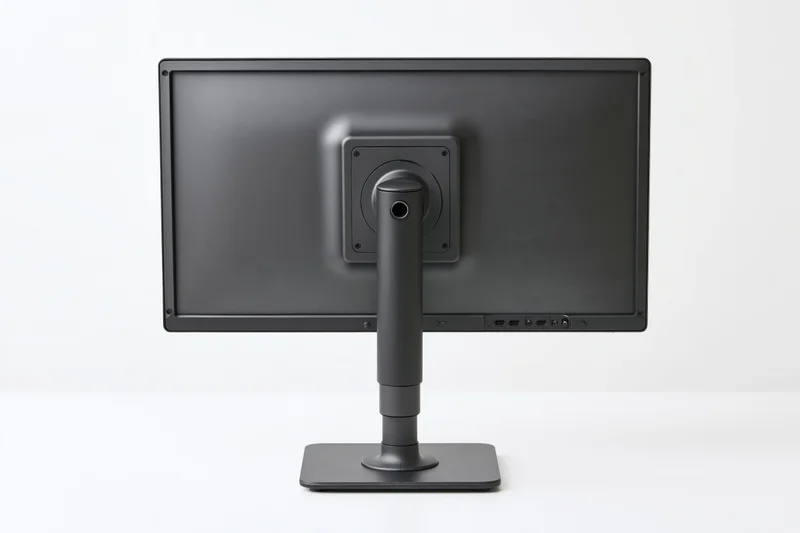 Rear view of a dark charcoal computer monitor on a grey adjustable stand against white background