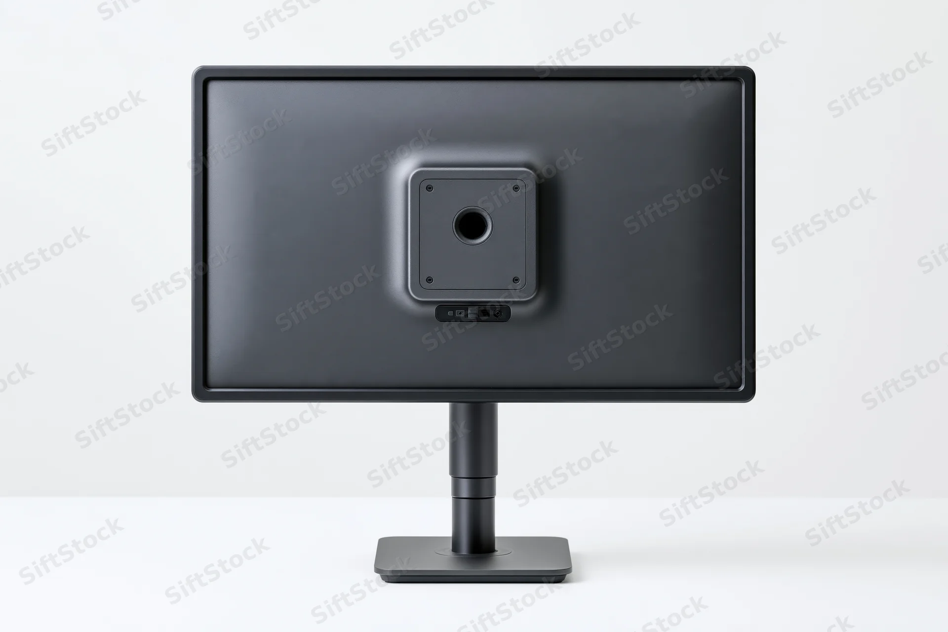 Rear view of a dark charcoal computer monitor on a grey adjustable stand against a white background