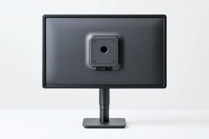 Rear view of a dark charcoal computer monitor on a grey adjustable stand against a white background