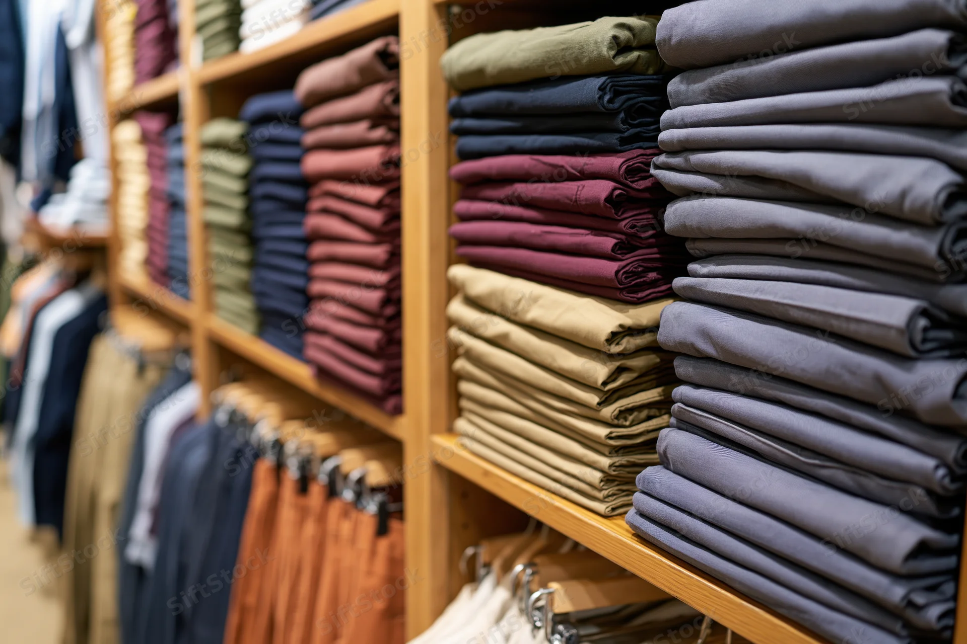 Neatly folded pants arranged on wooden shelves in a retail clothing store display