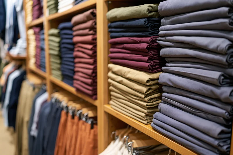 Neatly folded pants arranged on wooden shelves in a retail clothing store display