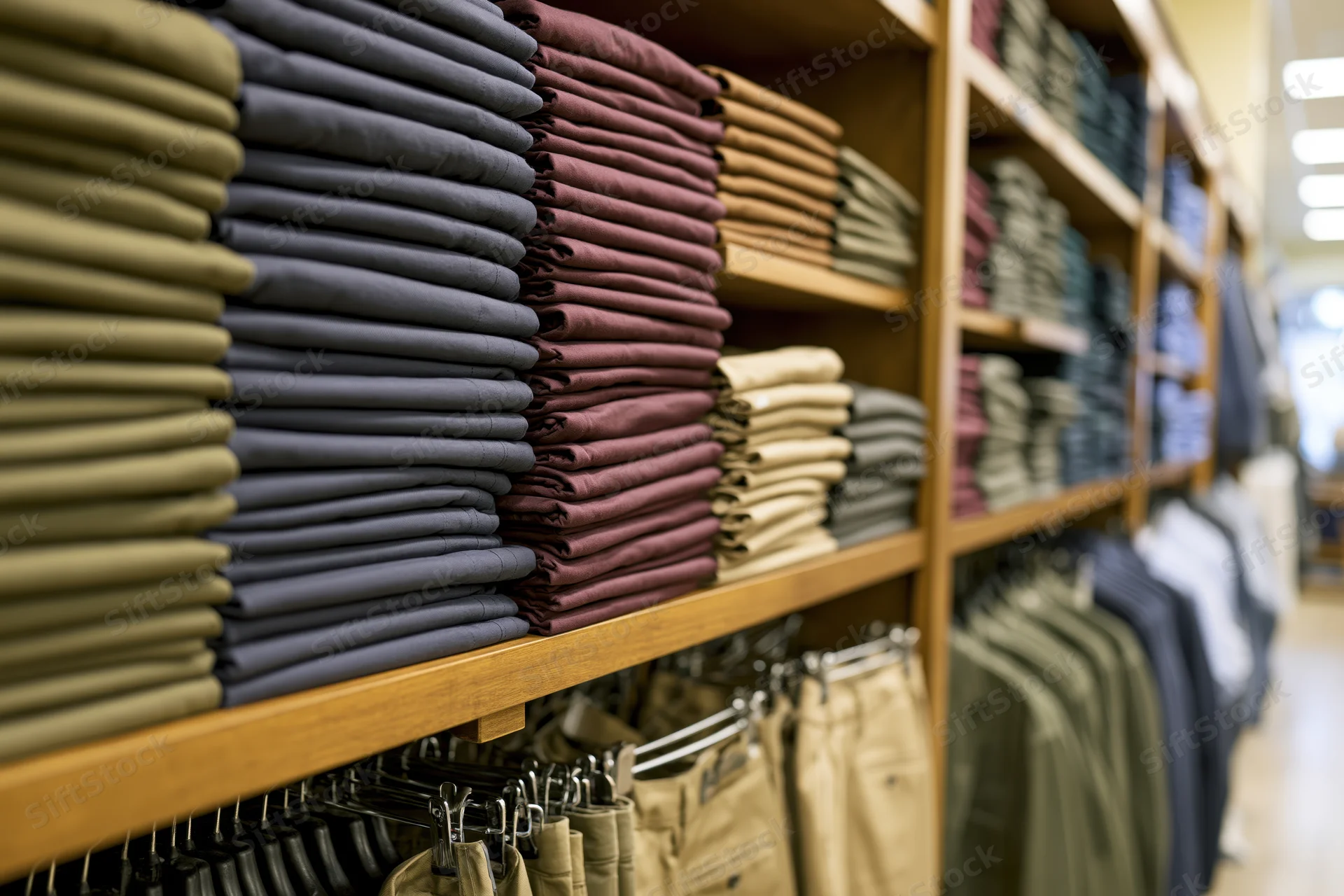 Neatly folded pants arranged on wooden shelves in a retail clothing store interior