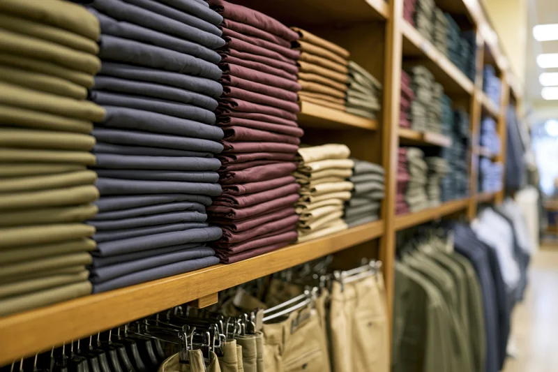 Neatly folded pants arranged on wooden shelves in a retail clothing store interior