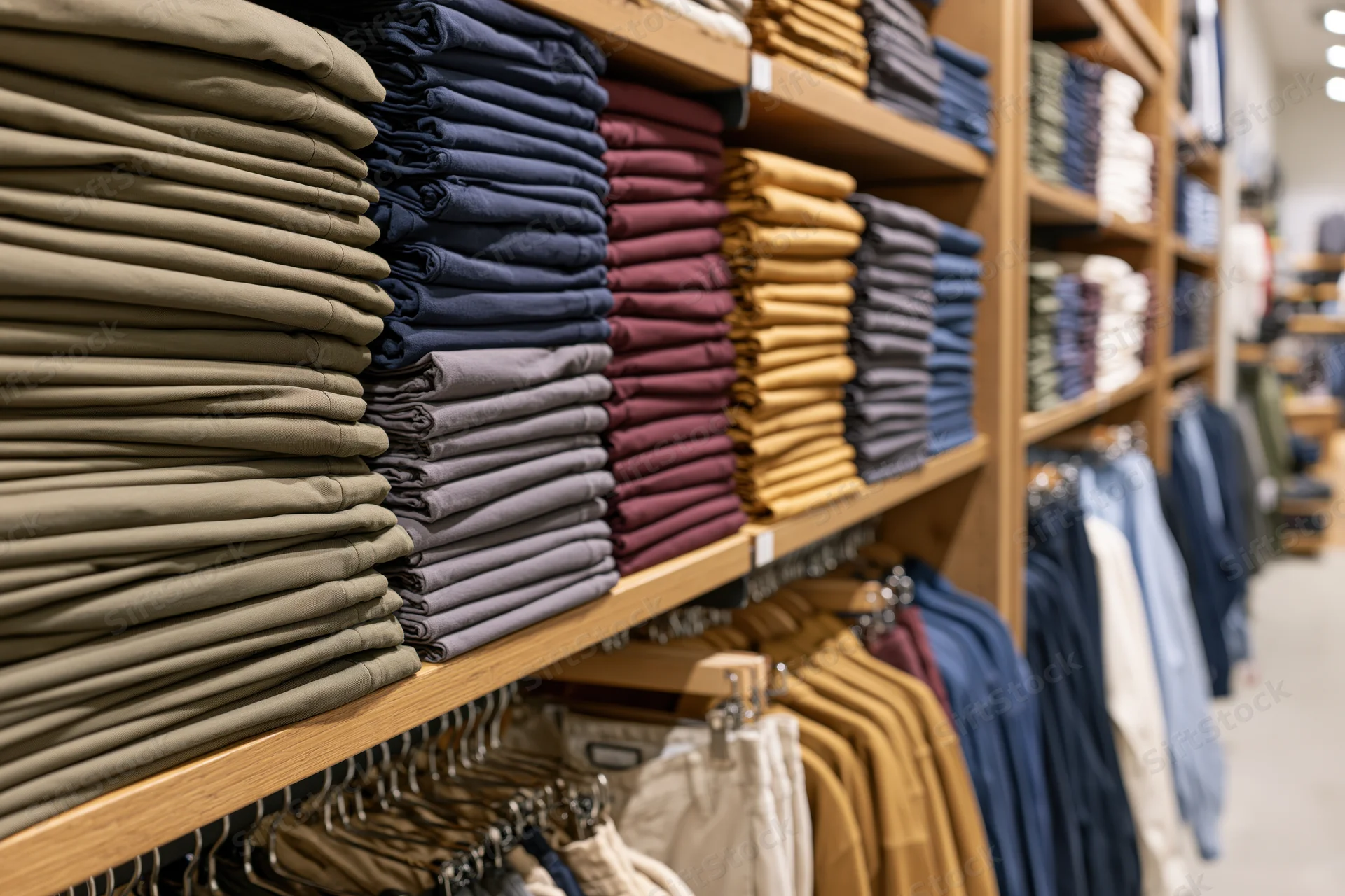 Neatly folded pants arranged on wooden shelves in a retail clothing store interior