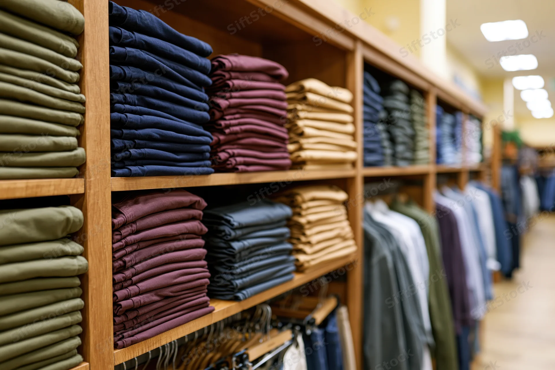 Neatly folded pants arranged on wooden shelves in a retail clothing store