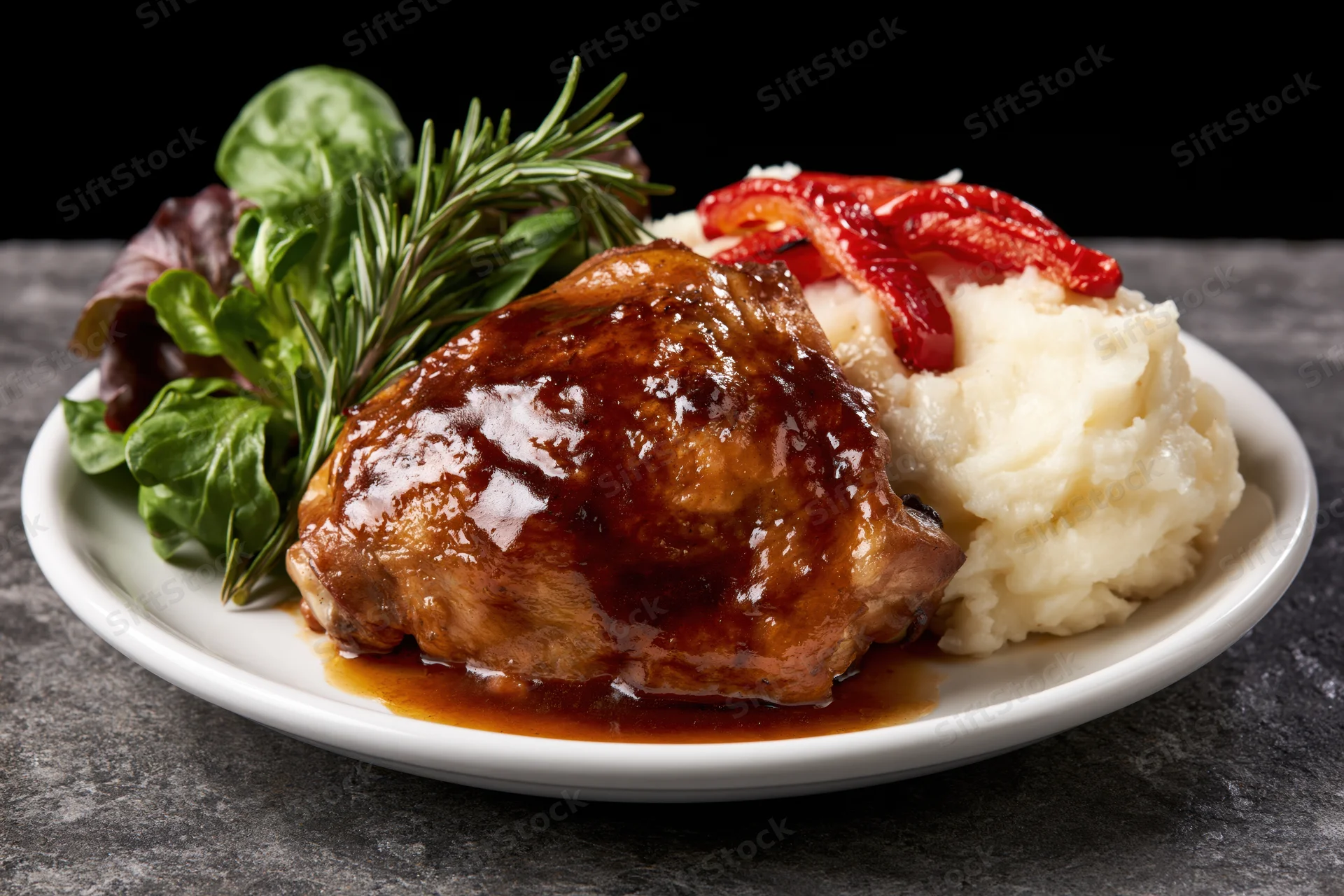 Roasted chicken thigh with gravy and mashed potatoes on a white plate with salad and rosemary