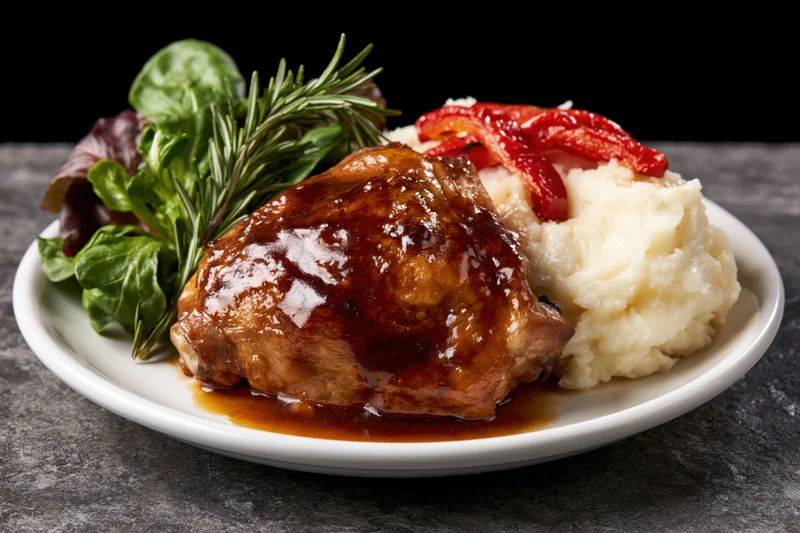 Roasted chicken thigh with gravy and mashed potatoes on a white plate with salad and rosemary