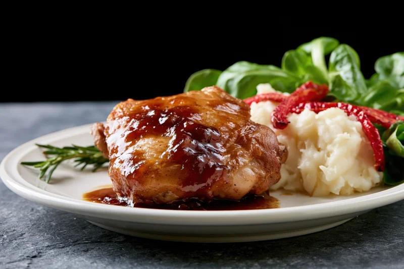 Roasted chicken thigh with gravy and mashed potatoes on a white plate with rosemary and greens