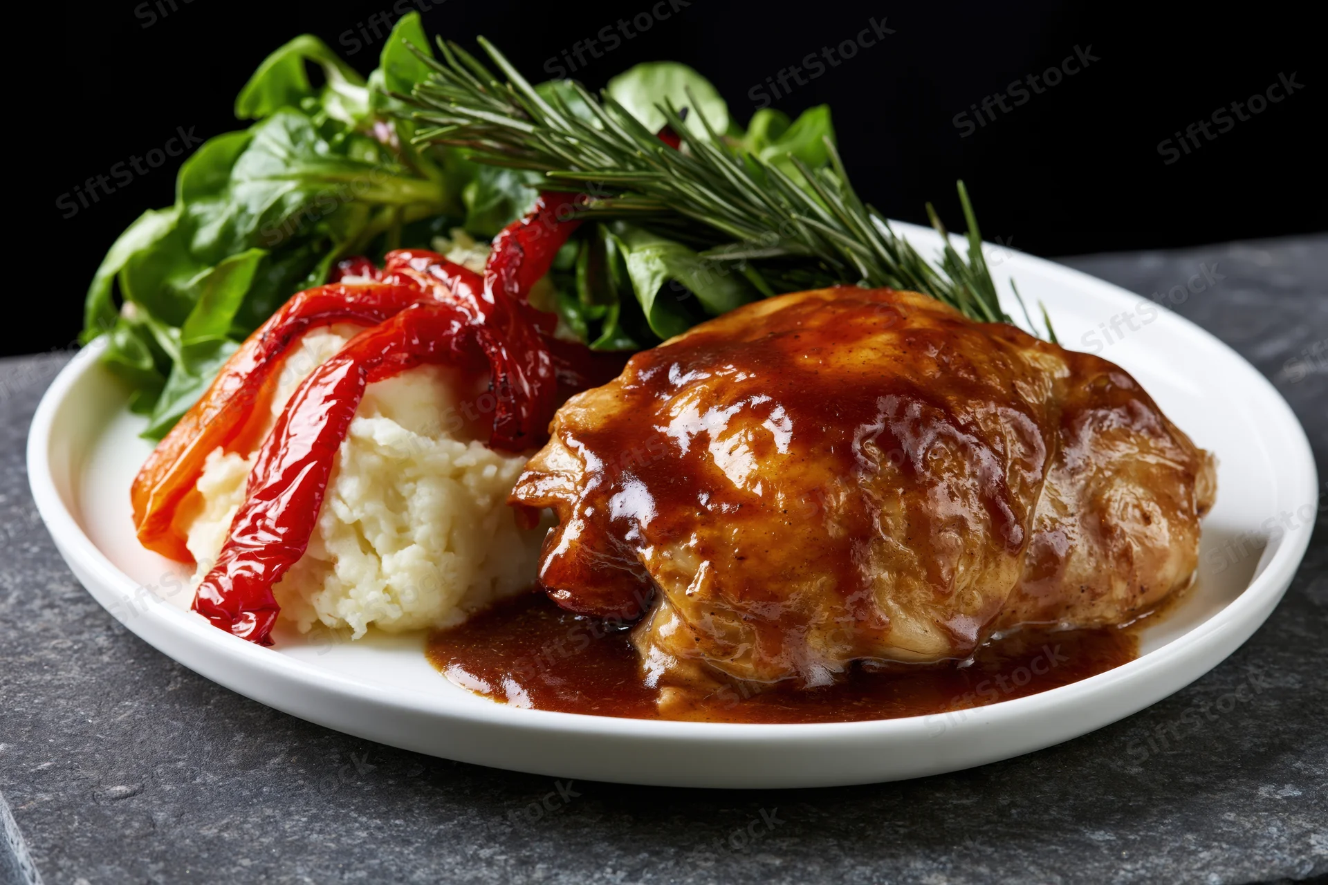 Roasted chicken thigh with gravy and mashed potatoes on a white plate with salad and rosemary garnish