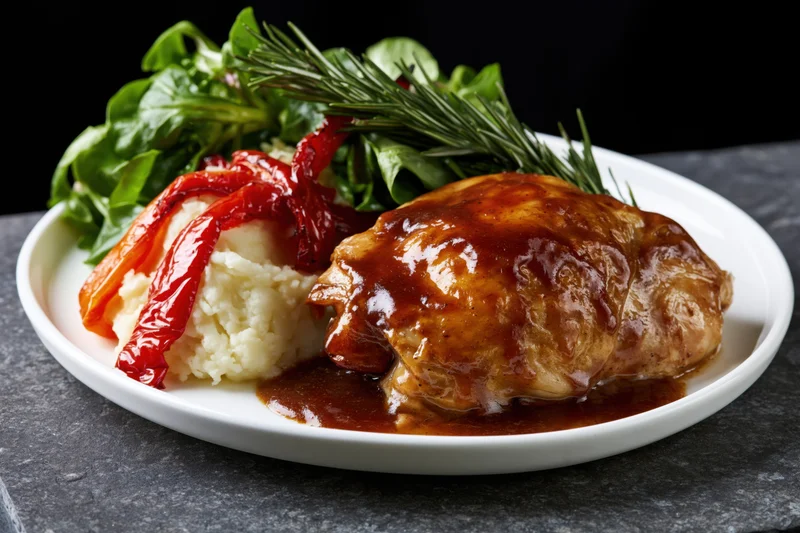 Roasted chicken thigh with gravy and mashed potatoes on a white plate with salad and rosemary garnish